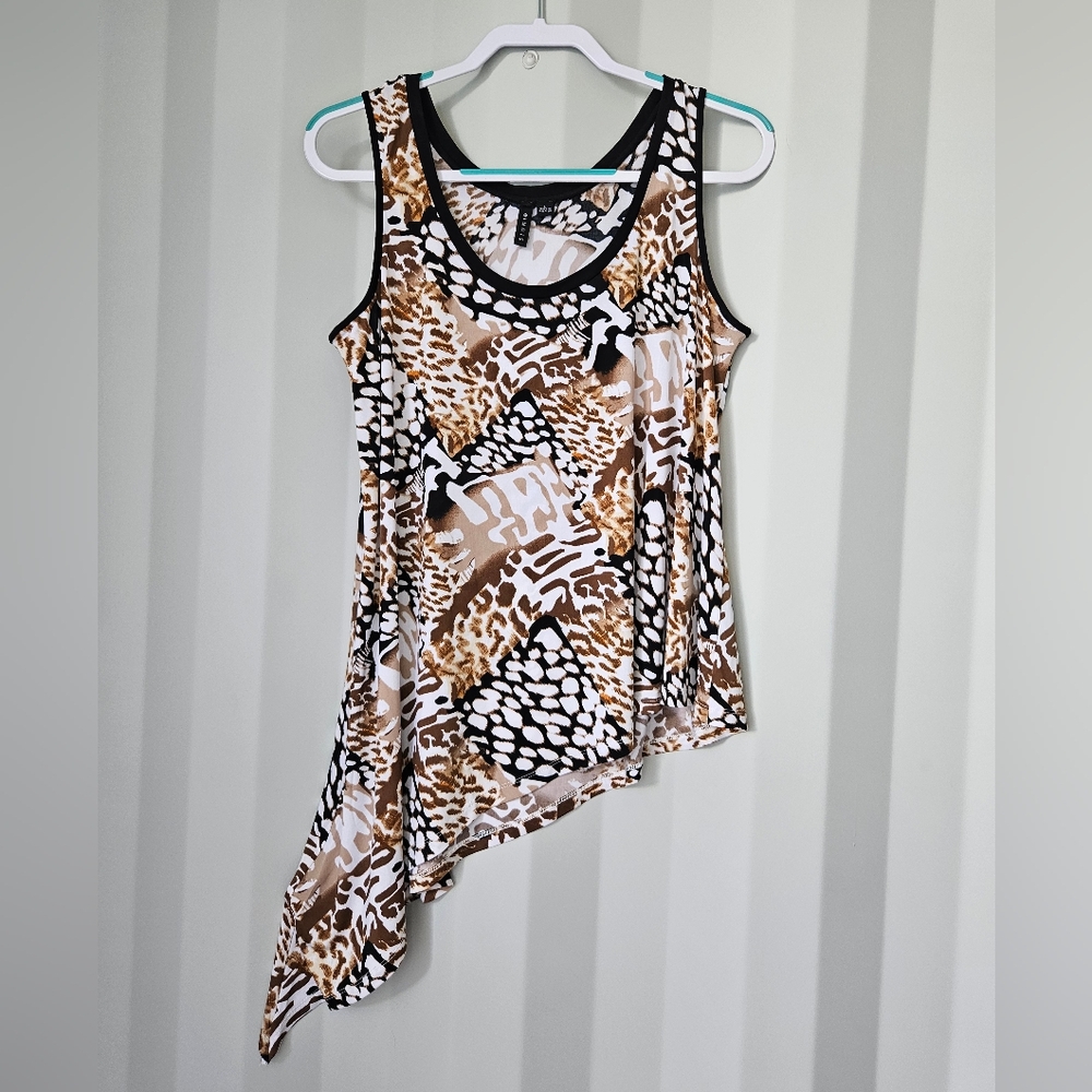 Sioni Asymmetrical Animal Print Tank Top in Brown, Black & White